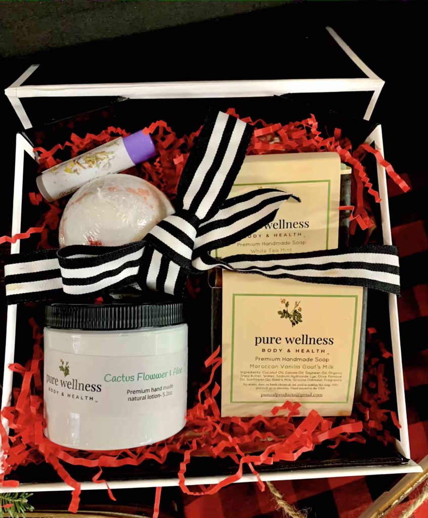 Pure Wellness Body Care Gift Box Products, all natural body butter, hand poured soaps, bath salt